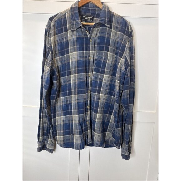 Abercrombie & Fitch Flannel Men Size Large Plaid Button Front Shirt Blue Brown - Picture 1 of 11